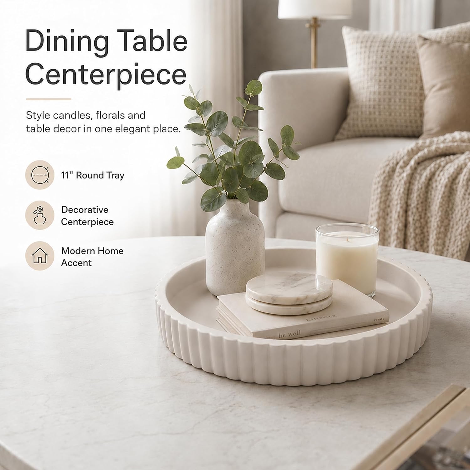 11" Concrete Coffee Table Tray, Cream Round Decorative Tray for Home, Modern Minimal Serving Trays for Kitchen Island, Bathroom Counter, Entryway, Centerpiece image 4