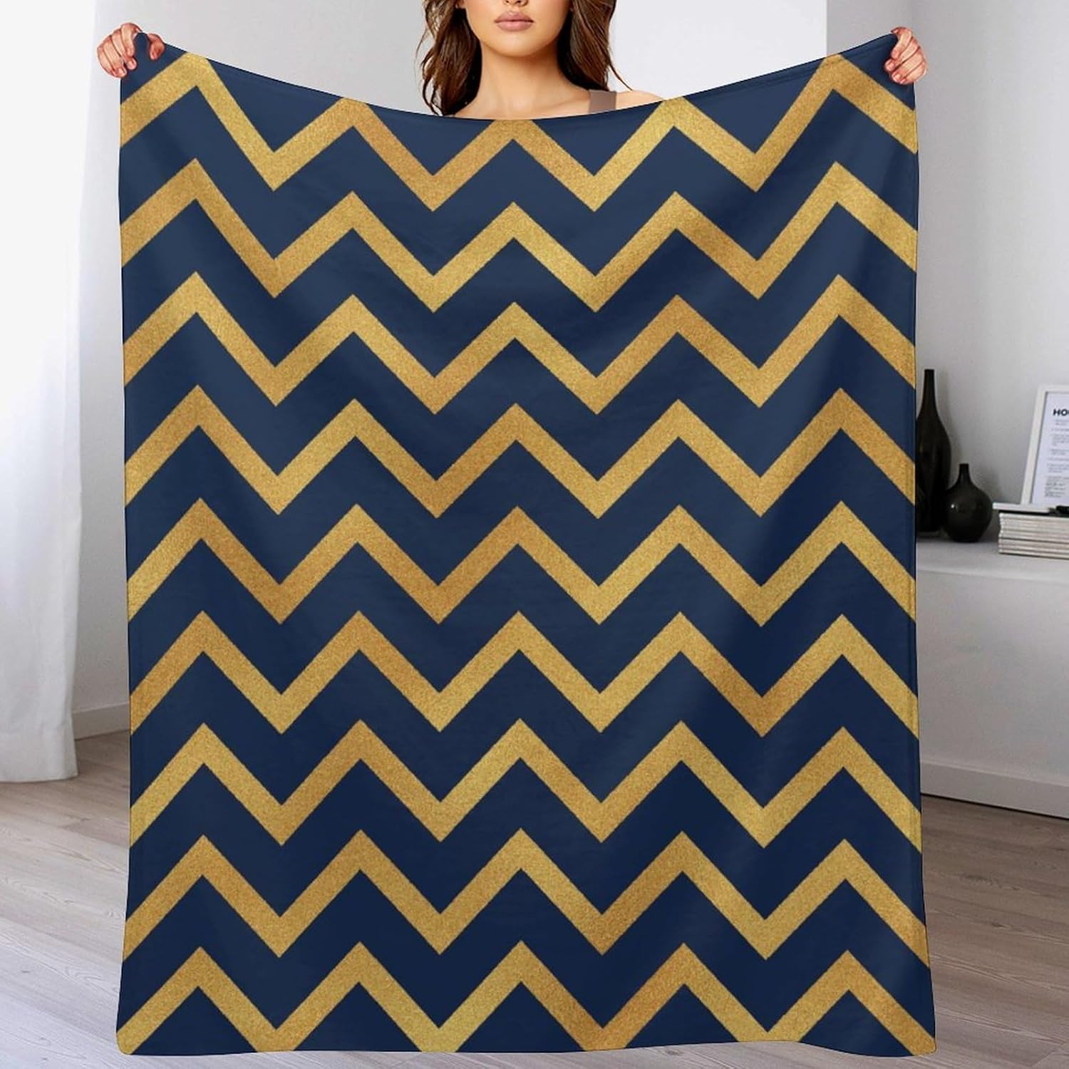 Plush Soft Blanket Navy Blue Gold Chevron Fuzzy Cozy Warm Throw Blankets for All Season Sofa, Couch, Bed, Camping, Travel 50" x 60"