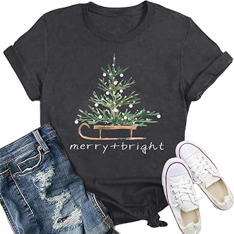 Women Merry Christmas Shirt Xmas Holiday T-Shirt Christmas Tree Cake Shirt
