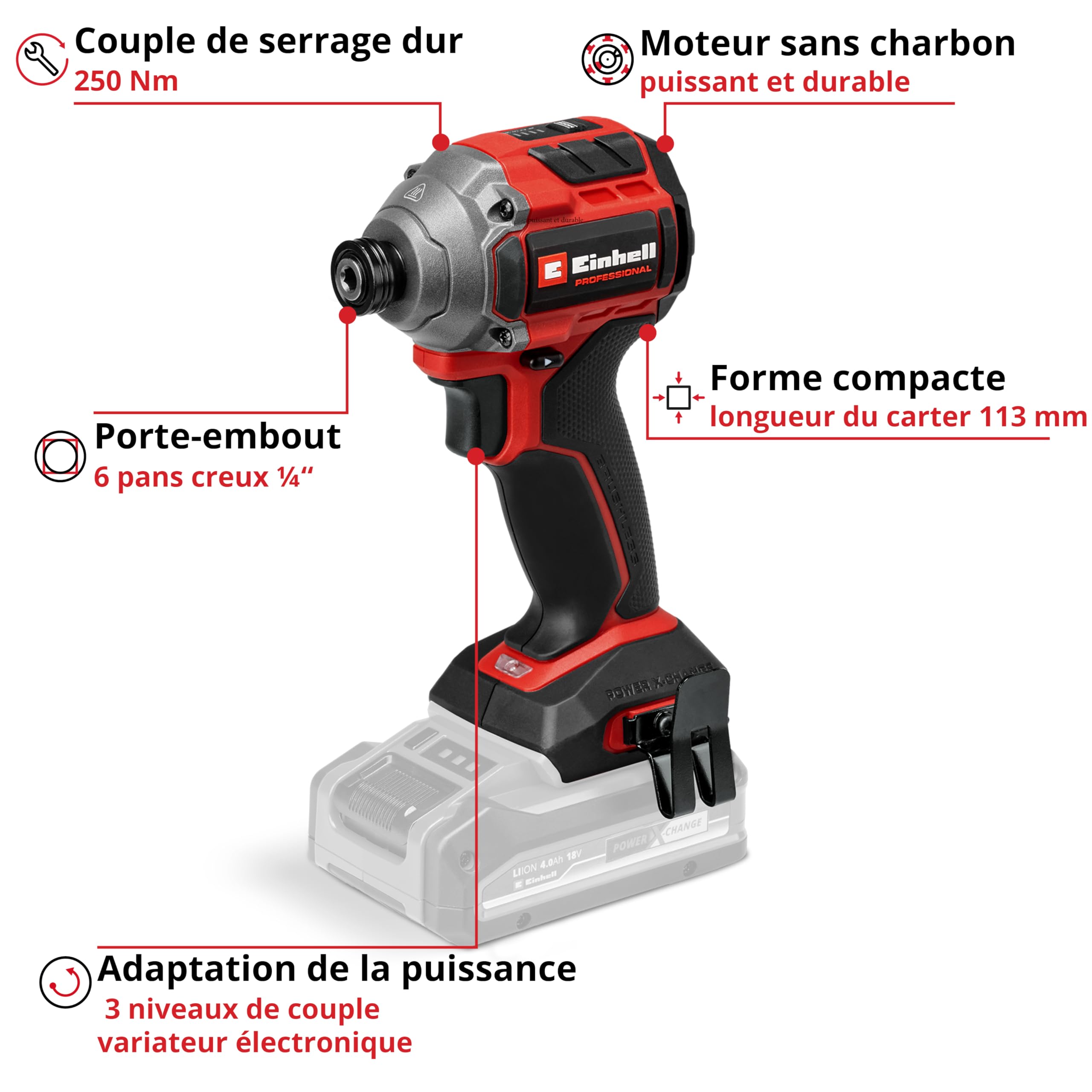 Einhell Professional Visseuse à chocs sans fil TP-CI 18/250 Li BL-Solo Power X-Change (18 V, couple de 250 Nm, moteur sans charbon, porte-embout 6 pans creux, lampe LED, sans batterie)