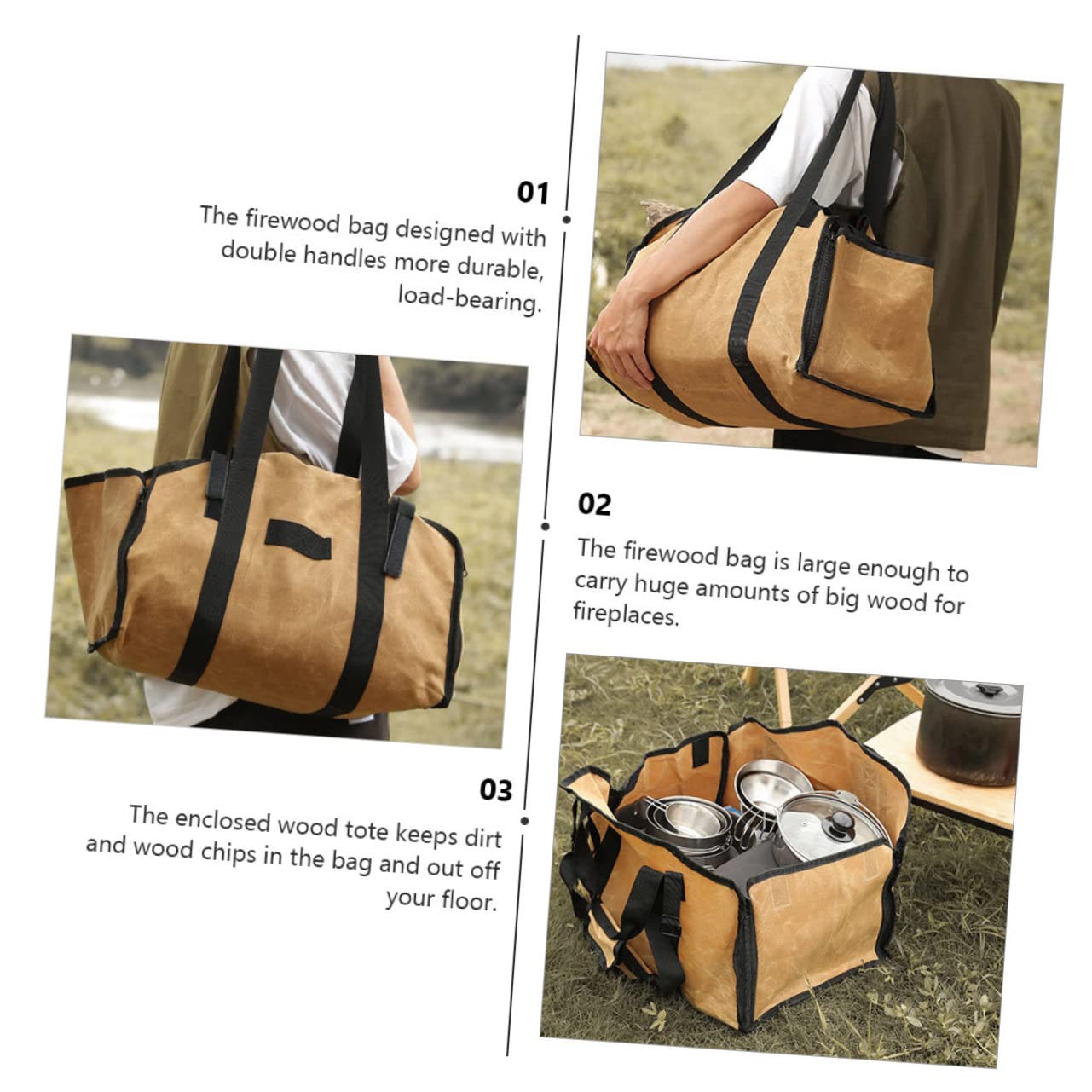 VORCOOL 1 Pc Sacco di Legna da Ardere Zaino per Legna da Ardere Griglia del Borsa per La Conservazione della Legna da Ardere Custodia Contenitori All'aperto Tela Staffa di Legno