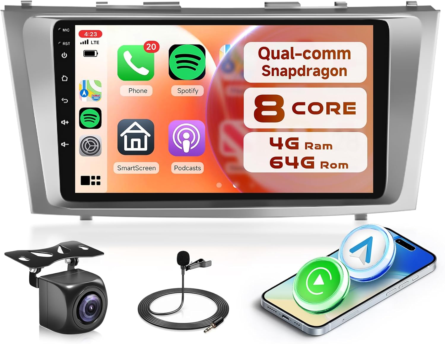 8-Core 4G+64G Rimoody Car Stereo Radio for Toyota Camry 2006-2011 with JBL, Qual-comm Snapdragon chip, Wireless Carplay Android Auto 3D car Model Display GPS WiFi 9 Inch IPS Touchscreen Backup Camera