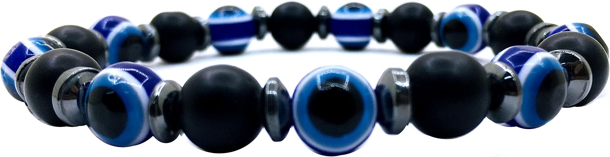 PerlinNatural Stone Bead Bracelet 8 mm Ball Bracelet with Matt Black Onyx, Nazar Boncuk Boese Eye Beads and Hematite Beads Bracelet for Family and Friends, Men and Women