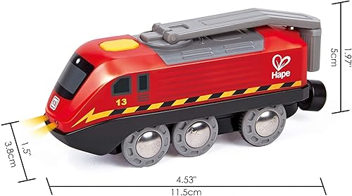 Miniatura 3 de Hape Tren de manivela Funciona con botón, motor cinético recargable y luces, juguete para niños para tren, acabado rojo, juego sostenible para niños