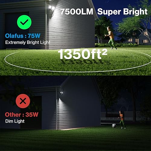 Miniatura 5 de Olafus Luz de exterior con sensor de movimiento de 55 W, 2 unidades de luz de inundación de movimiento, 3 cabezales, luz de seguridad LED de 5500 lm