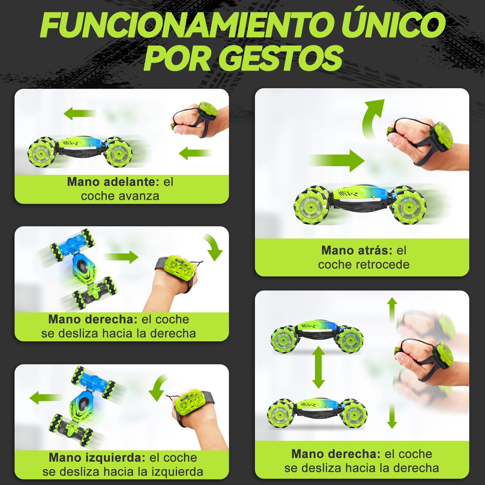 Dysaim Coche Teledirigido para Niños RC Stunt Car Coches Telecomandado con Mando a Distancia 2,4 GHz 4WD 360 ° Crawler Offroad RC Drift Auto 2 Batería Música Navidad Regalo para 6-12 Años