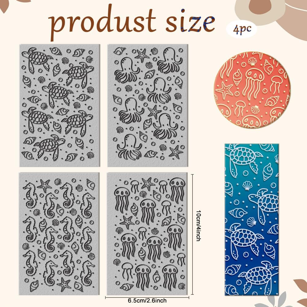 CHGCRAFT 4 Sheet Marine Animals Clay Texture Mat Octopus Starfish Molding Pattern Pad Turtles Seahorses Polymer Clay Texture Sheets DIY Tools for Earring Jewelry Making, 3.9x2.6inch