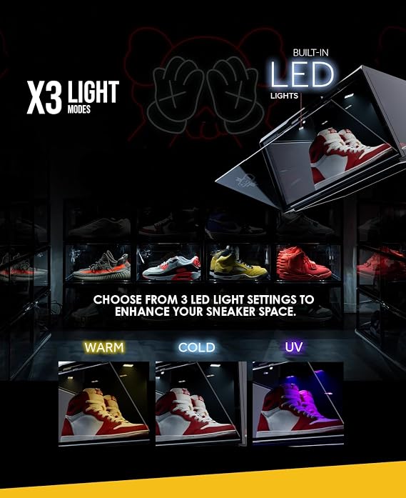 Crep Protect Clear Shoe Box with LED Light - Crates 3.0 Stackable Sneaker Display Case with Drop Front Door, Shoe Storage Organizer, UV Protection, Fits High Tops up to US 13