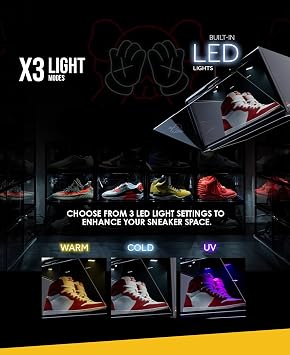 Crep Protect Clear Shoe Box with LED Light - Crates 3.0 Stackable Sneaker Display Case with Drop Front Door, Shoe Storage Organizer, UV Protection, Fits High Tops up to US 13