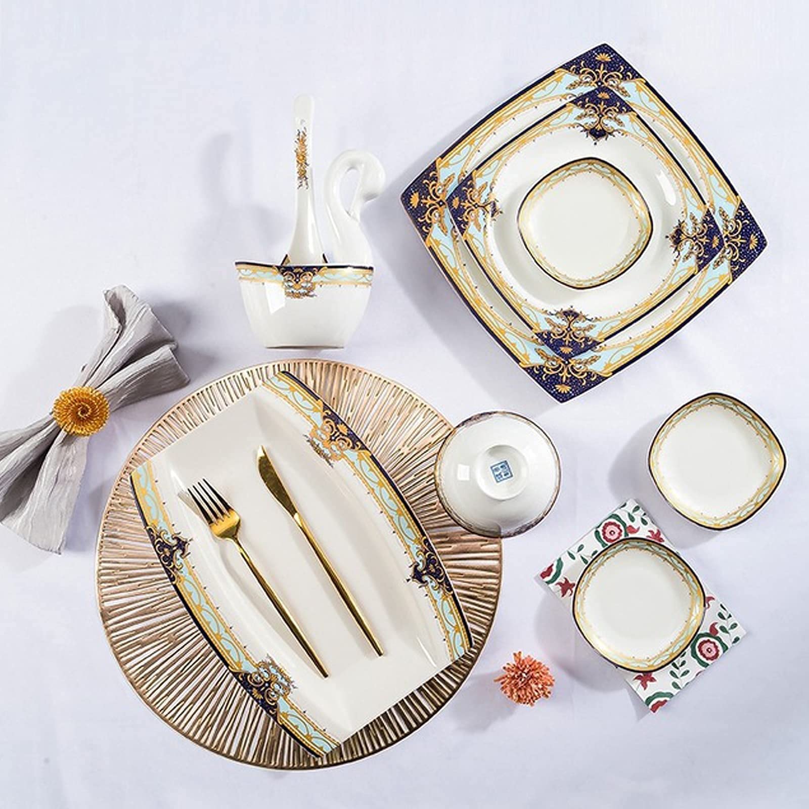 Zestaw Ceramicznych Naczyń Obiadowych W Stylu Retro, Piękny Zestaw Z Porcelany W Kolorze Złotym I Białym, Idealny Na Domowe Przyjęcie, Wesele, Hotel, Boże Narodzenie