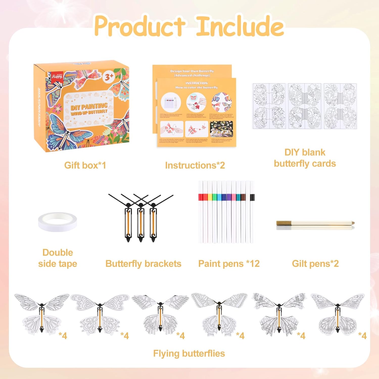 Happy makers 36Pack DIY Flying Butterfly Craft Kit,24 Paper Butterflies and 12 Color Pens,Make Your Own Magic Butterfly Toy Rubber Band Wind up Perfect for Party Games,Surprise Cards