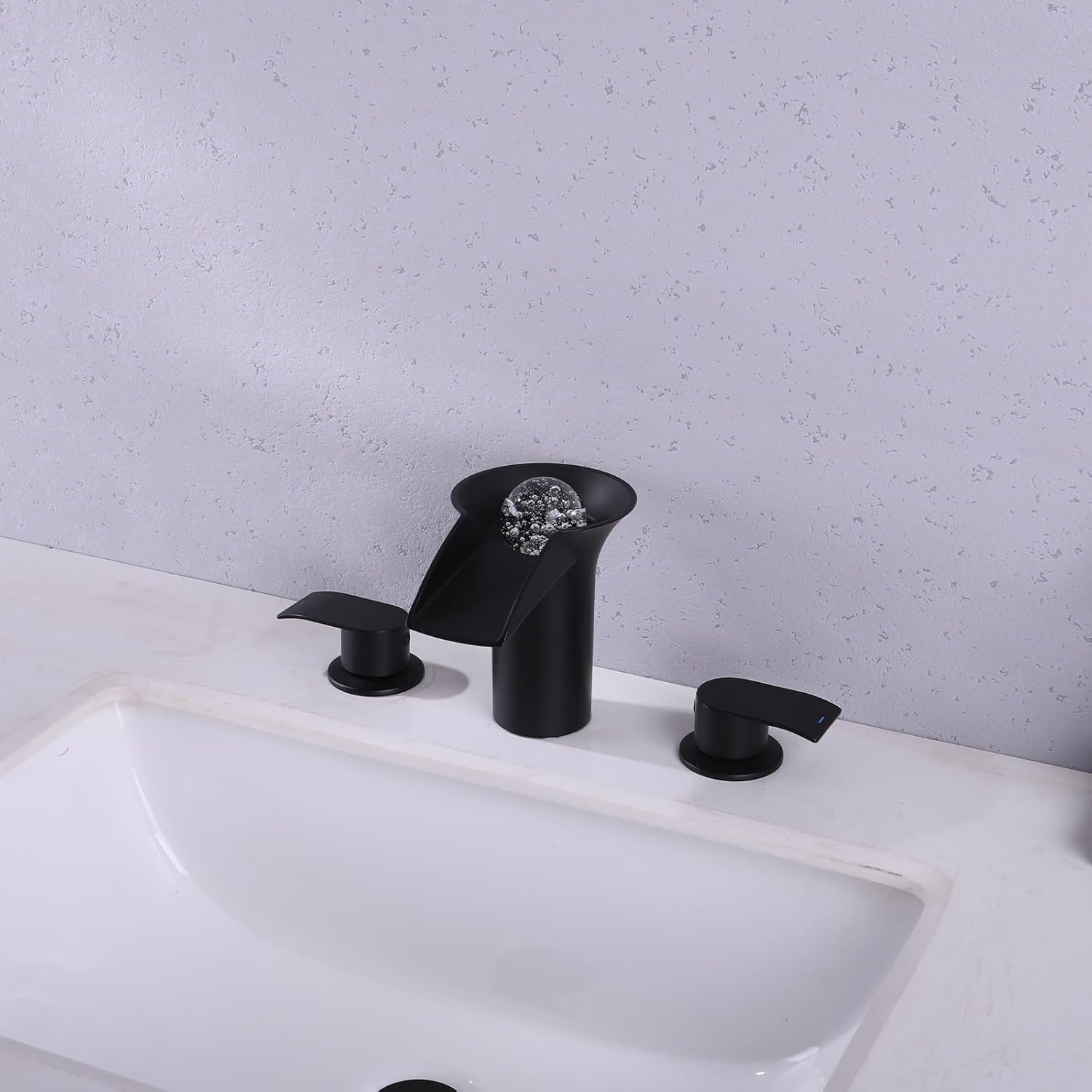 LED Waterfall Bathroom Sink Faucet, Deck Mount 3 Holes 8 Inch Widespread Vanity Faucets Modern 2 Handle Lavatory Basin Mixer Faucet Set with Pop Up Drain, Matte Black
