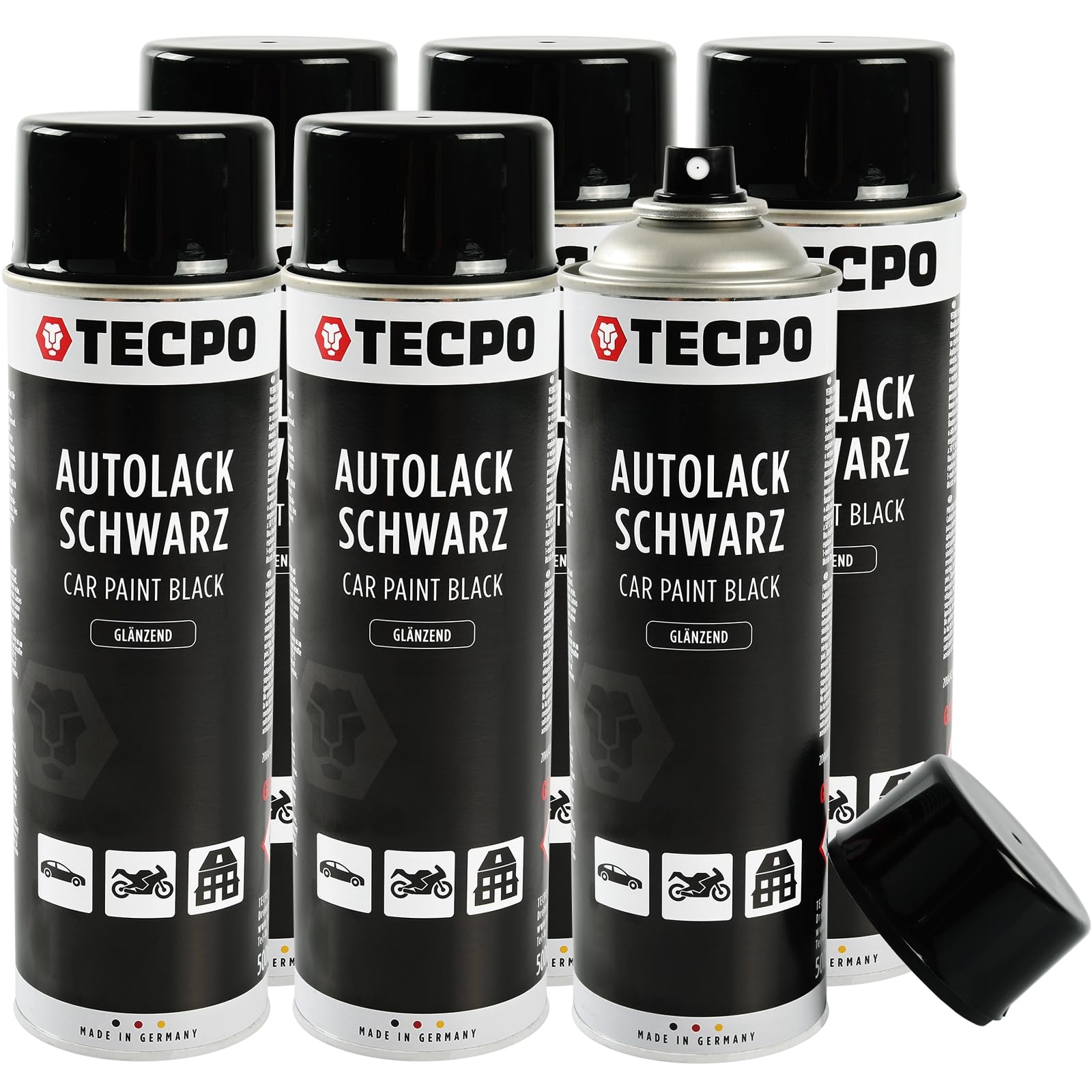 TECPO Lackspray schwarz glänzend, 6x500ml Autolack Rallyschwarz Sprühlack Farbspray mit hoher Deckkraft für Innen- und Außenbereich