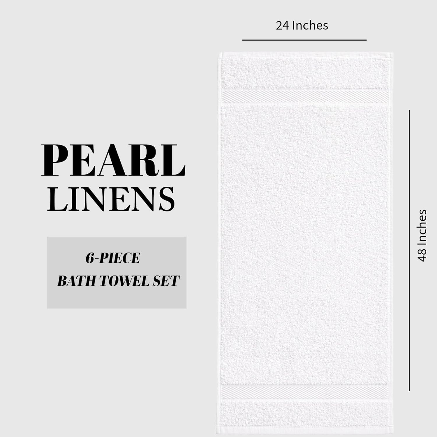 Pearl Linens Bath Towels Set of 6, 100% Cotton Towels for Bathroom 24x48 Inches, 407 GSM Quick Dry Lightweight Hotel Bath Towel, Highly Absorbent Medium Towels for Home, Spa, Gym & Bathroom, White