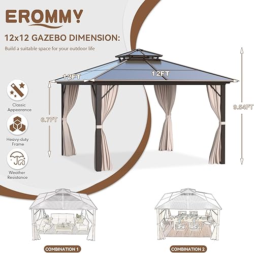 Miniatura 3 de EROMMY Gazebo de policarbonato de 12 x 12 pies con doble techo, marco de aluminio para exteriores, con malla y cortinas para jardín, patio, césped,