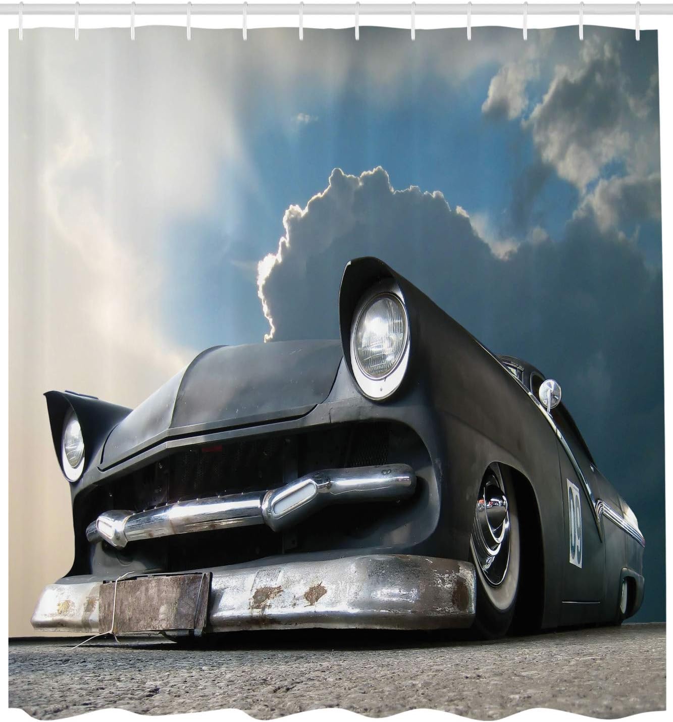Ambesonne Manly Shower Curtain, Custom Made Matt Show Car and Dramatic Sky Clouds Broken Classics Cloudscape, Cloth Fabric Bathroom Decor Set with Hooks, 69" W x 70" L, Blue Grey Sky Blue