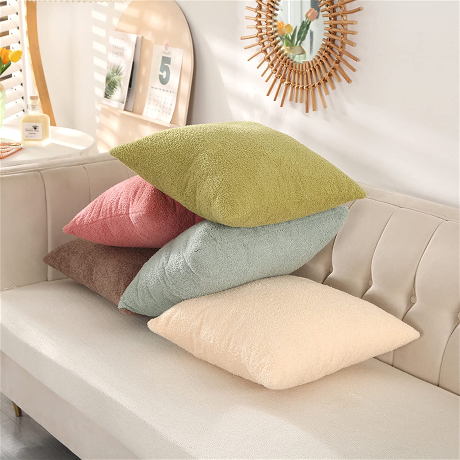 Fundas de cojín de forro polar de peluche, fundas de almohada cuadradas, fundas de almohada decorativas, para sofá sala de estar (verde mostaza, 45 x 45 cm (juego de 8))