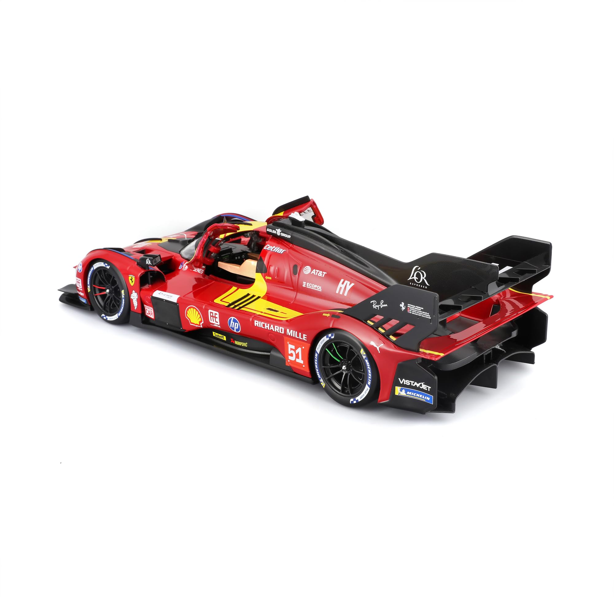 Bburago - Ferrari 499P 24H LMH Hypercar 2025#51, samochód diecast w skali 1:18, szczegółowa replika z otwieranymi drzwiami, oficjalne barwy Ferrari, 14+