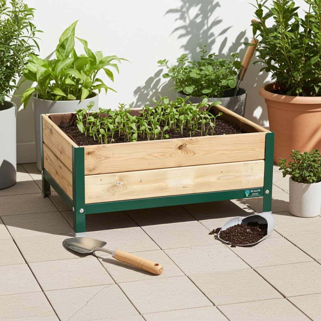 Jardinera Arriate Madera con Bandeja Recoge Aguas | Estructura Metálica | Mesa Cultivar Plantas Terraza Jardín Balcón Exterior | Verde | HUERTO BAJO - 90x60x38 cm