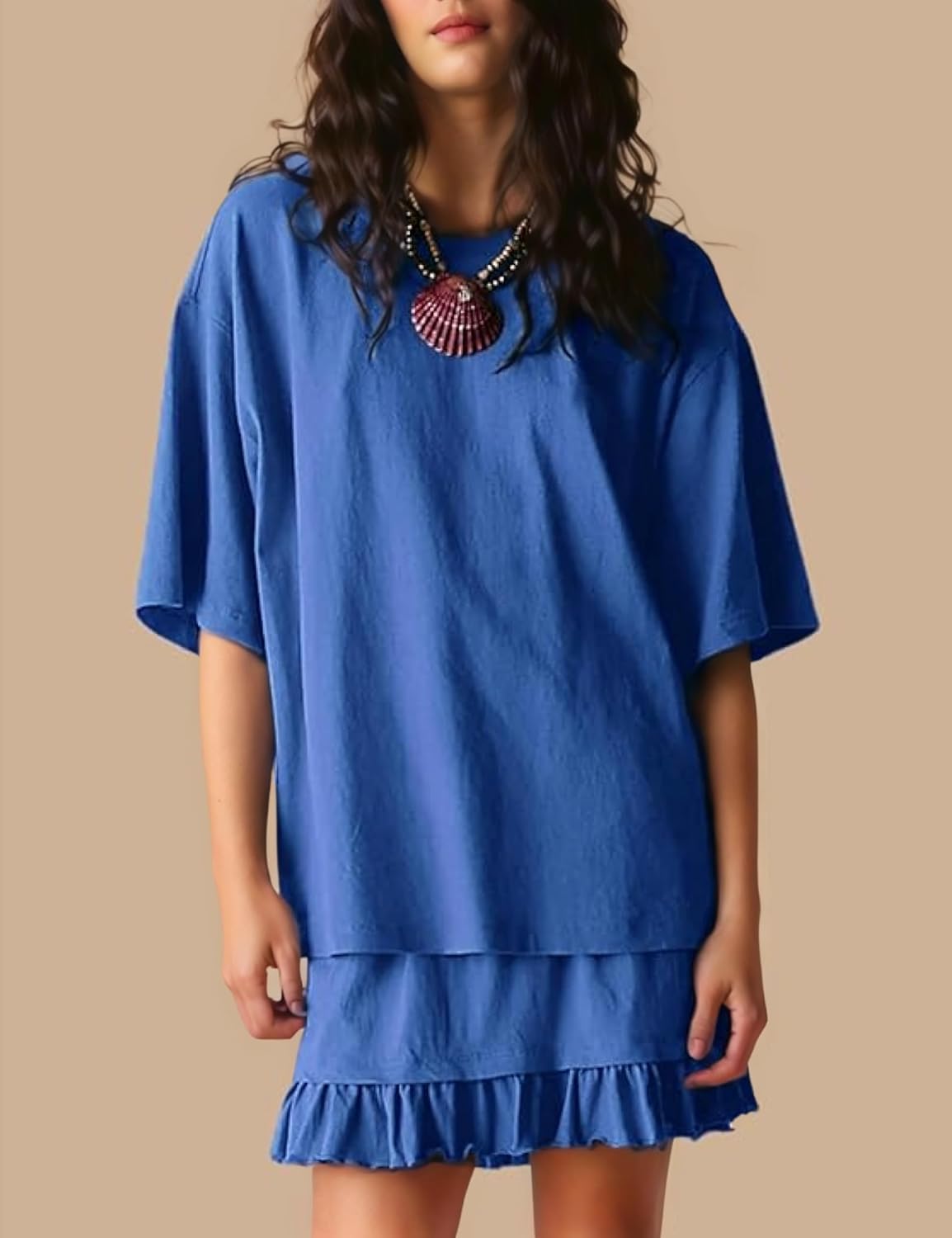 Esmeling Women Summer 2 Piece Skirt Sets Round Neck Short Sleeve Outfits Casual Tops and Pleated Skirts Sets - Image 3