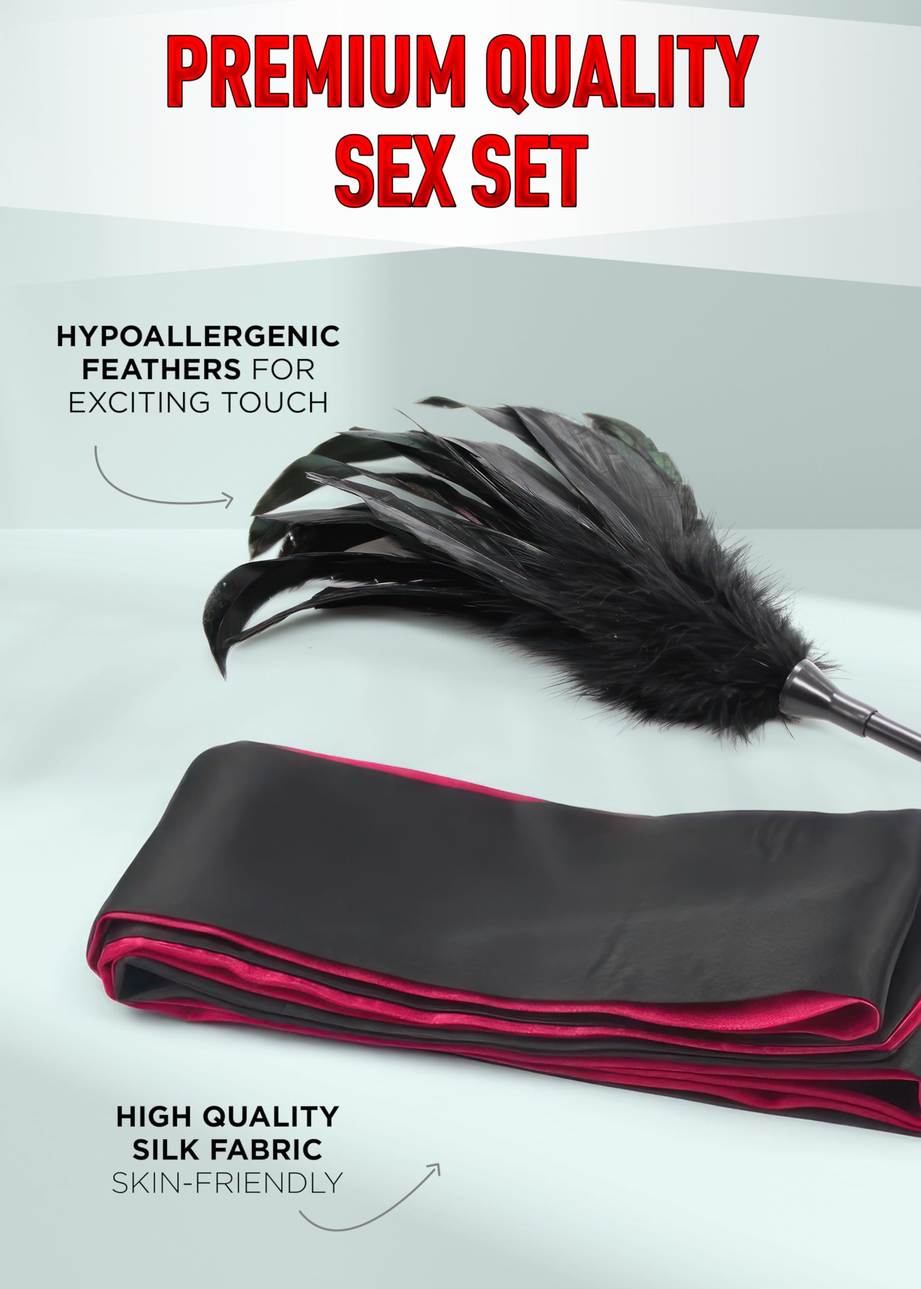 BDSM Adult Spanking Feather Tickler 16 inch Sex Blindfold Eye Mask 59" for Sex Play, Sexy Bondage Restraints Fetish Toys - 2pcs Sex SM Starter Kit: Red Mask Feather