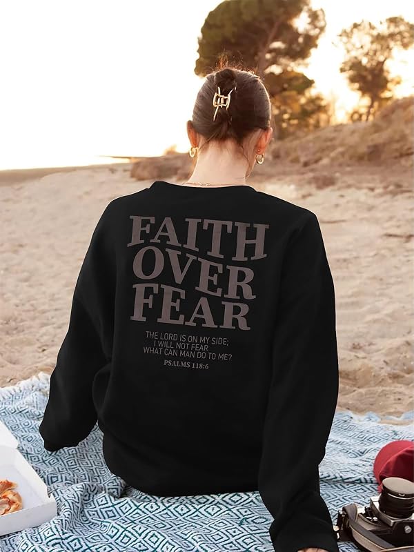 FRYAID Faith Over Fear Sweatshirt Women Jesus Graphic Sweater Bible Religious Sayings Pullover Shirt Long Sleeve Tops Dark Grey image 2