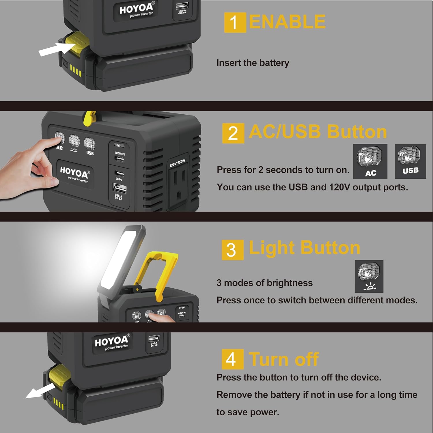 Step-by-step guide on inserting battery and activating the inverter