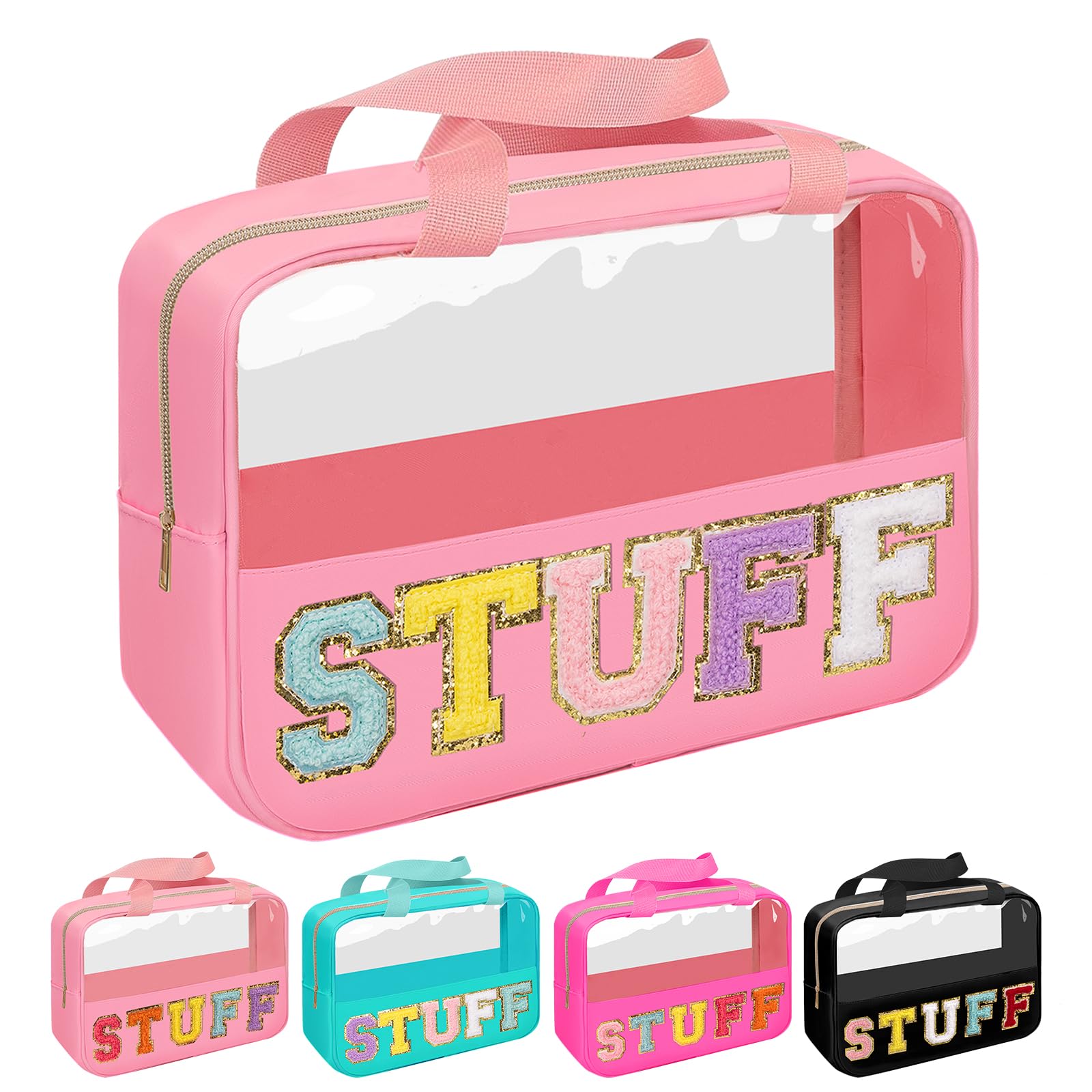Iqimott Chenille Letter Patch Stuff Bag Preppy Clear Makeup Cosmetic Bag Large Toiletry Storage Tote Bag with Handle