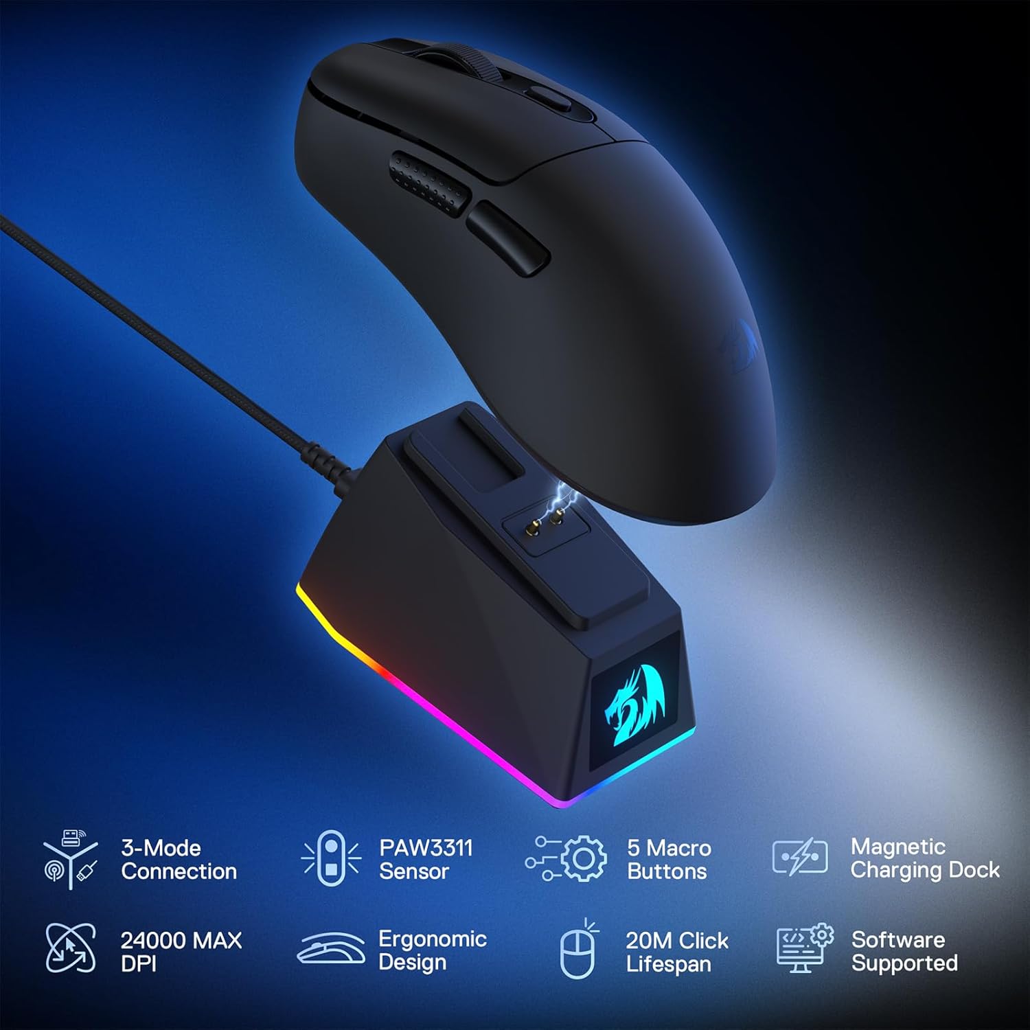 Redragon M998 Lightweight Wireless Gaming Mouse with RGB Magnetic Charging Dock, BT/2.4G Wireless/Wired Optical Mice, 24000 DPI, 5 Programmable Buttons for PC/Mac, Black