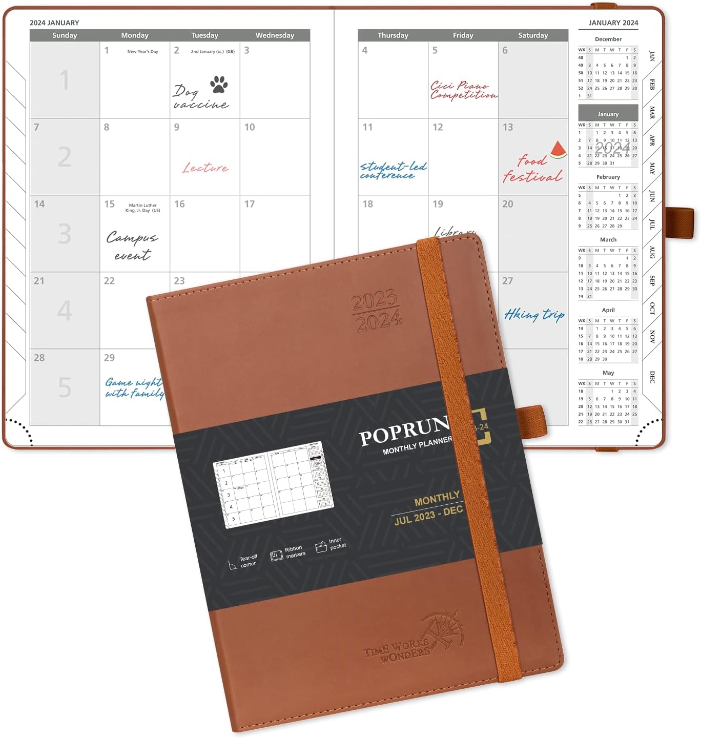 POPRUNMonthly Planner 2024-2025 (6.5'' x 8.5'') 18-Month Calendar Book (Jan.2024-Jun.2025) Soft Cover, Planner with Monthly Tabs & Pocket, 100 GSM Paper - Brown