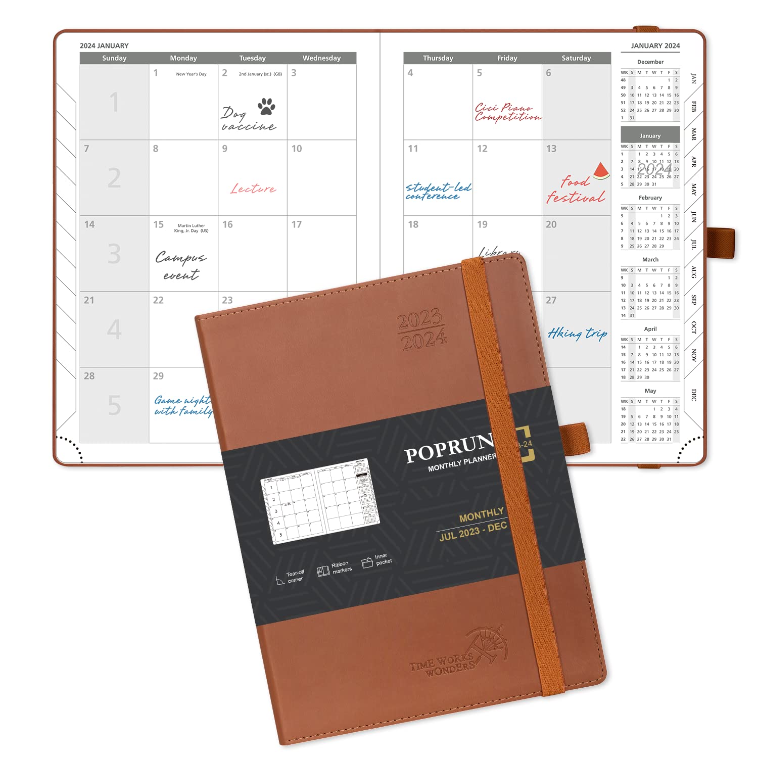 POPRUNMonthly Planner 2024-2025 (6.5'' x 8.5'') 18-Month Calendar Book (Jan.2024-Jun.2025) Soft Cover, Planner with Monthly Tabs & Pocket, 100 GSM Paper - Brown