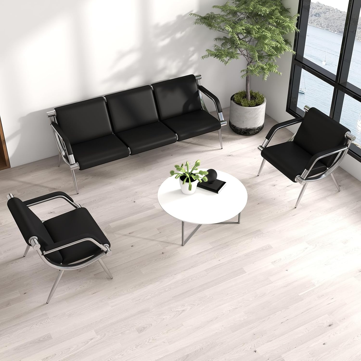 kinbor Waiting Room Chairs with Armrest - PU Leather Lobby Reception Chairs, Office Guest Seating Furniture for Clinic Airport Hospital Barber Salon Bank, Black