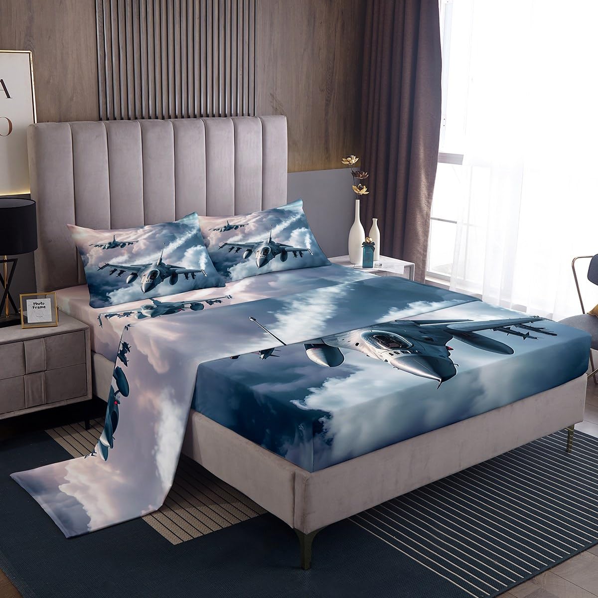 Aircraft Boys Sheet Set 3D Airplane Fighter Plane Bedding Set Blue Gray Cloud Bed Sheets for Boys Bedroom Sky Planes Bed Set (Twin Flat Sheet & Fitted Sheet with 1 Pillow Case)