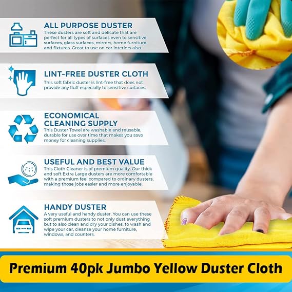 Premium 40pk Jumbo Yellow Duster 50x40cm Heavy Duty Cloth Kitchen Polishing cloth towel Strong 100% Woven Cotton, Thick & Soft Kitchen Cleaning Towel - Multi Surface Dusting Cloth, Washable Reusable