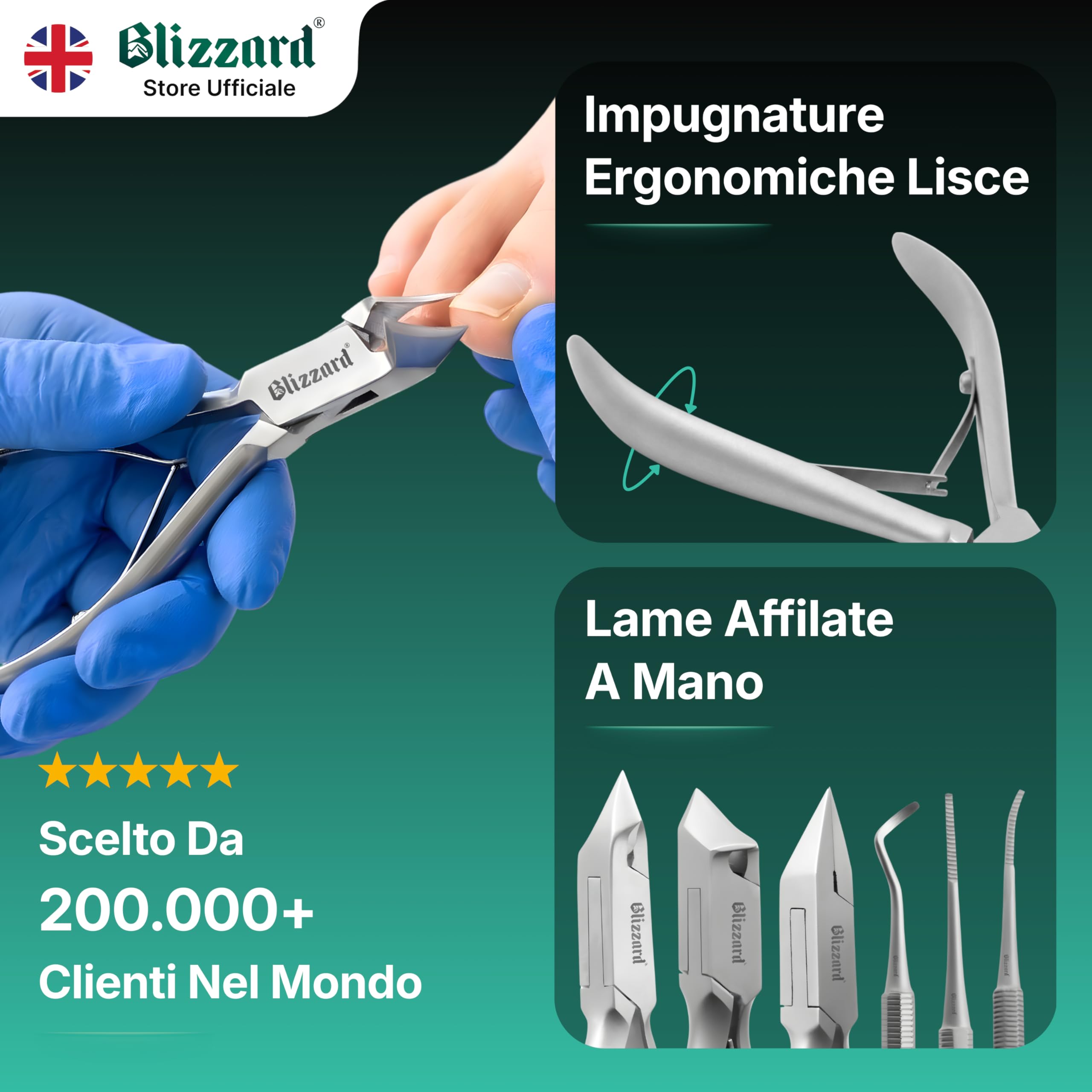 Blizzard Set Podologia Professionale 5 Pezzi - Kit Pedicure per Unghie Spesse e Incarnite - Tronchesino Unghie Piedi, Taglia Cuticole e Lima - Acciaio Inox - Per Anziani e Uomo