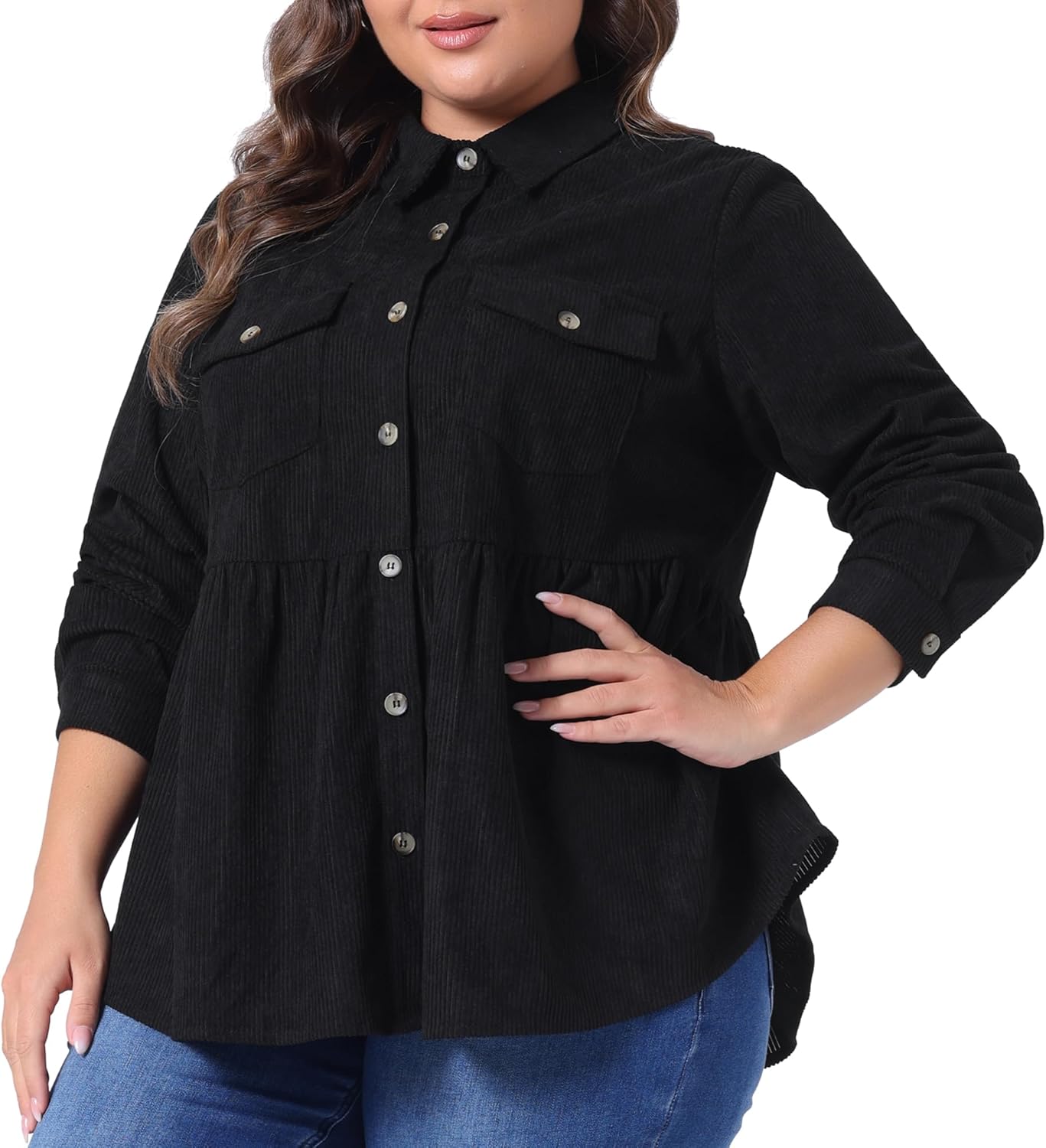 Agnes Orinda Plus Size Corduroy Shirts for Women Peplum Cute Long Sleeve Button Down Blouses with Pockets Tops - Image 2