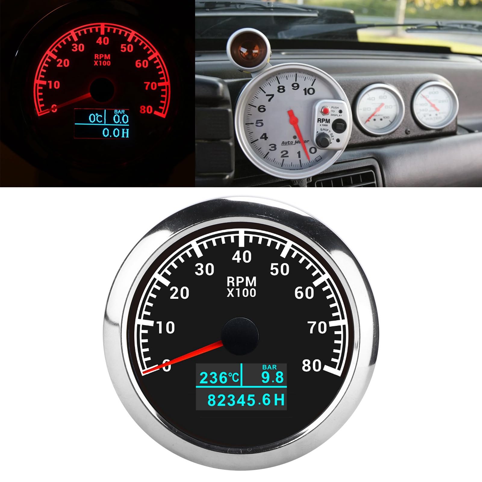 Tachymètre 3 en 1 pour température de l'eau, pression d'huile et compteur horaire pour voiture, camion, bateau, affichage pointeur IP67 avec cadran blanc et moteur pas à pas haute (Cadran noir)