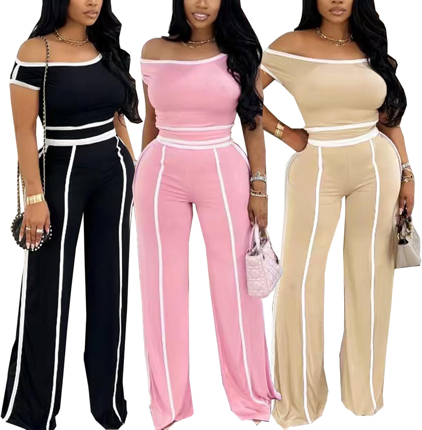 Tcremisa Womens Summer 2 Piece Lounge Sets Short Sleeve Off Shoulder Top and Loose Long Pants Set Tracksuit Outfits