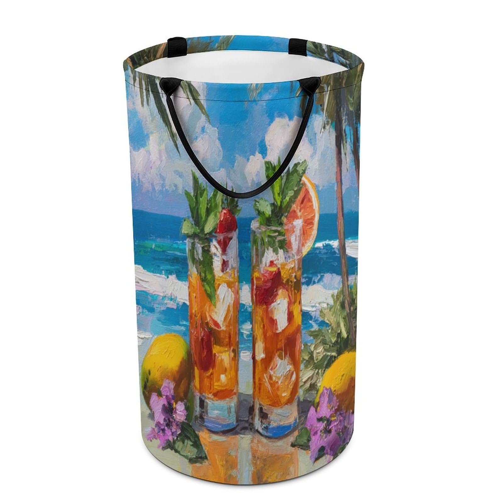 LUYYSKY Classic Abstract Tropical Fruit Collapsible Dirty Clothes Basket, Nautical Watercolor Ocean Seaside Beach Plant Palm Trees Portable Clothes Storage Laundry Basket-40 CM Dia, 69 CM High