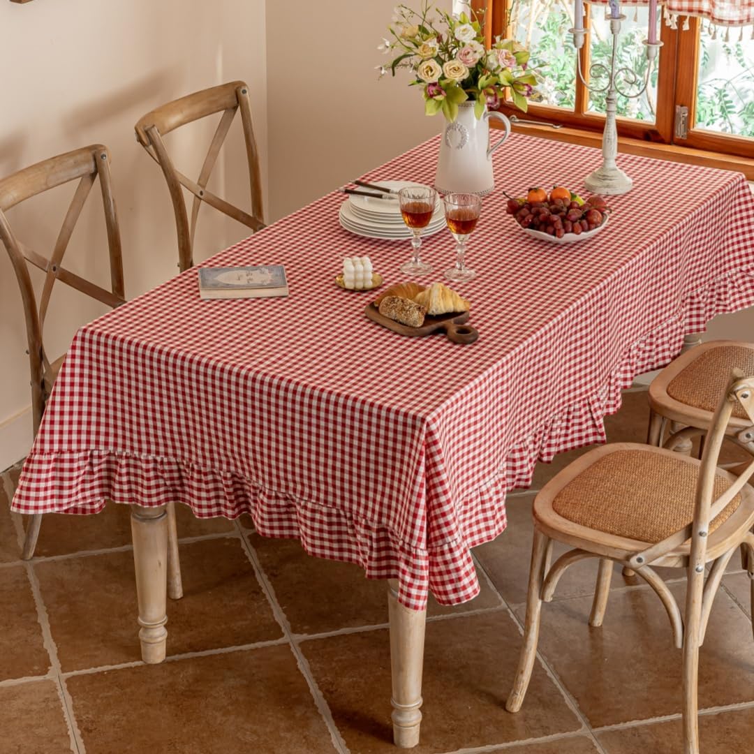 Red Plaid Ruffled Table Cover Linen Rectangle Gingham Tablecloth Classic Farmhouse Vintage Checkered Table Cover Decorative Buffalo Plaid for Home Holiday Party 120 x 67Inches