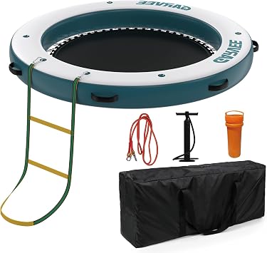 2.4m 2.4m Heavy Duty Inflatable Floating Dock, PVC Floating Water Raft with Hammock, Non-Slip Top, Pump & Ladder, Multi-Person Floating Mat for Pool Lake Beach Activities