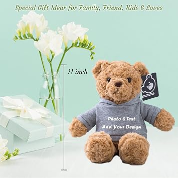 Personalized Teddy Bear Stuffed Animal, Stuffed Bear Plush Toys with Customized Text+Image as Personalized Gifts for Girlfriend/ Boyfriend on Valentines Day/ Birthday/ Christmas Day (11 in-Gray)