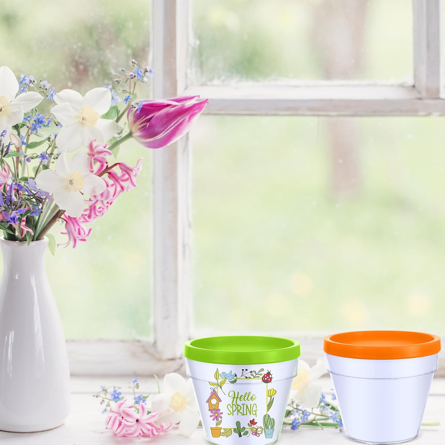 Meanplan 28 Pcs Spring Crafts 16 Spring DIY Flower Pots Paint Your Own Ornament Kit DIY Craft Flower Pot 12 Colorful Markers, Decorate Your Own Home