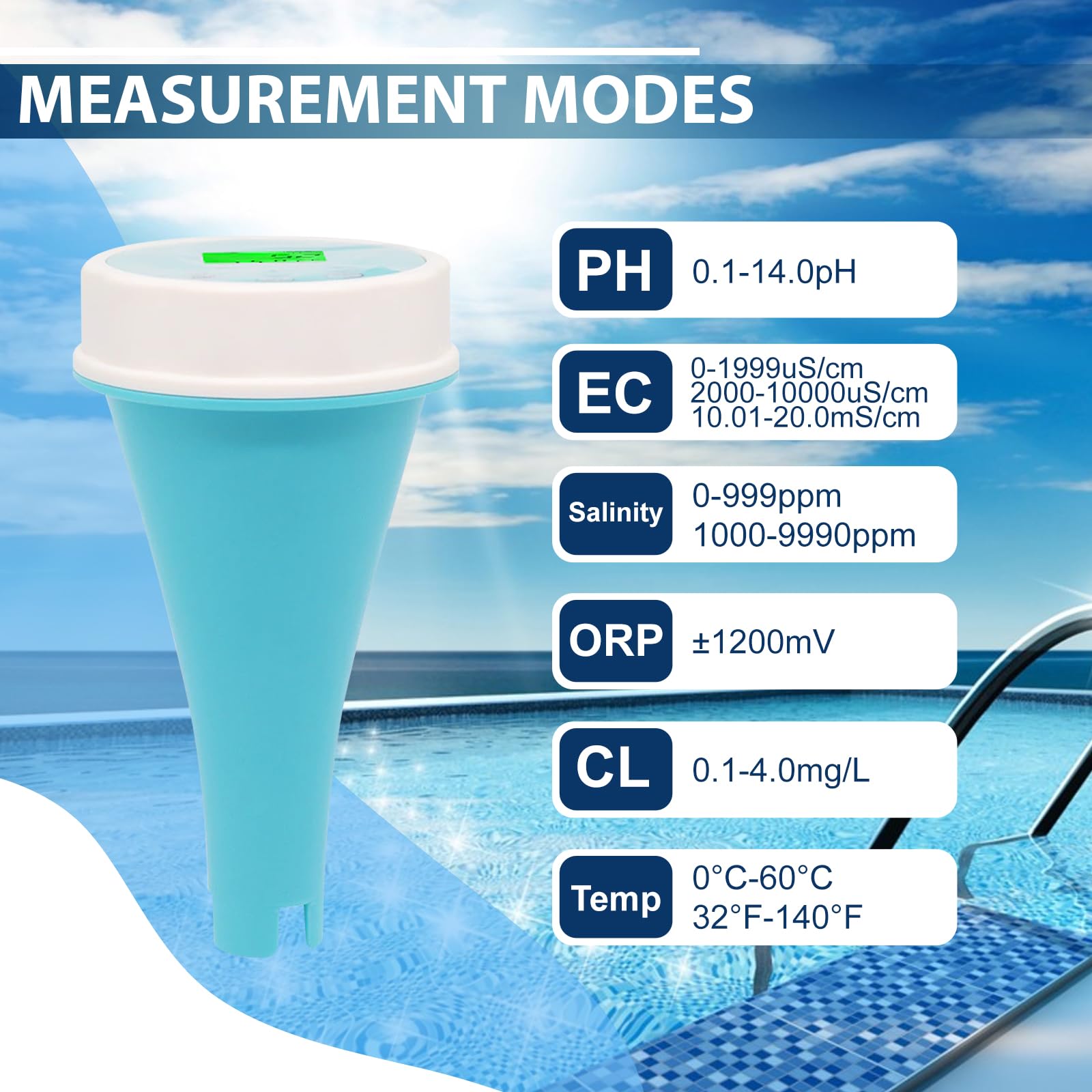 Analizador de Calidad de Agua 6 en 1 Flotante con Bluetooth Mide Cloro, pH, CE (Conductividad), ORP (Potencial Redox), Salinidad y Temperatura - Conexión a APP para Piscinas e Hidroponía