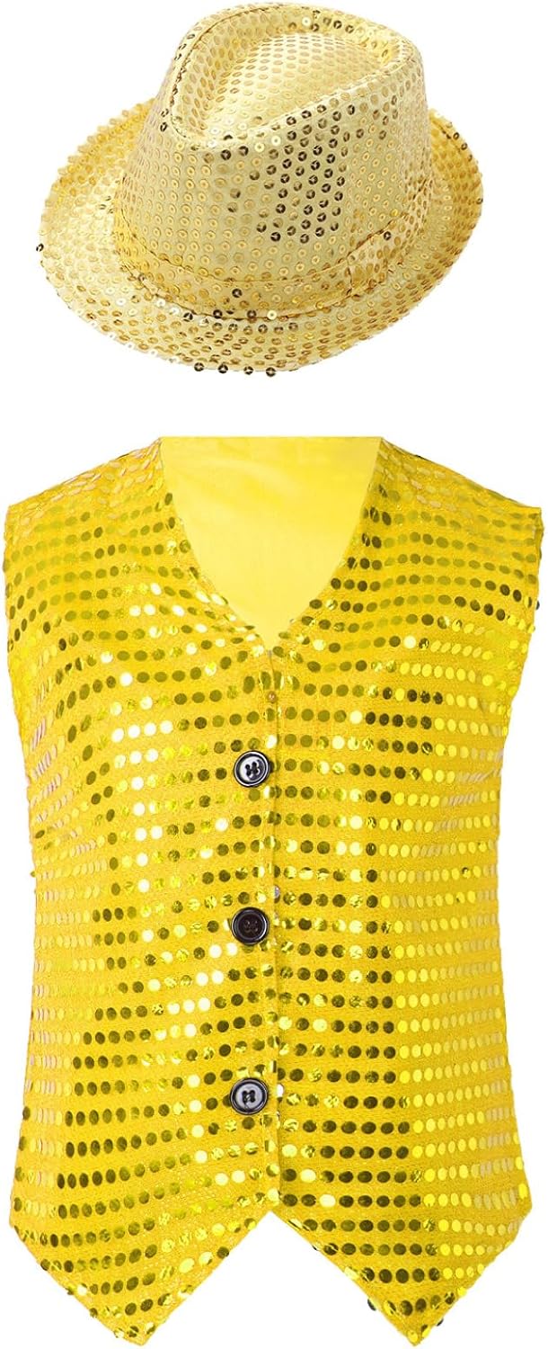 Jhaoyu Kids Boys Girls Sequins Jacket Shirt Vest Waistcoat Hip-hop Jazz Dance Performance Christmas Top with Hat