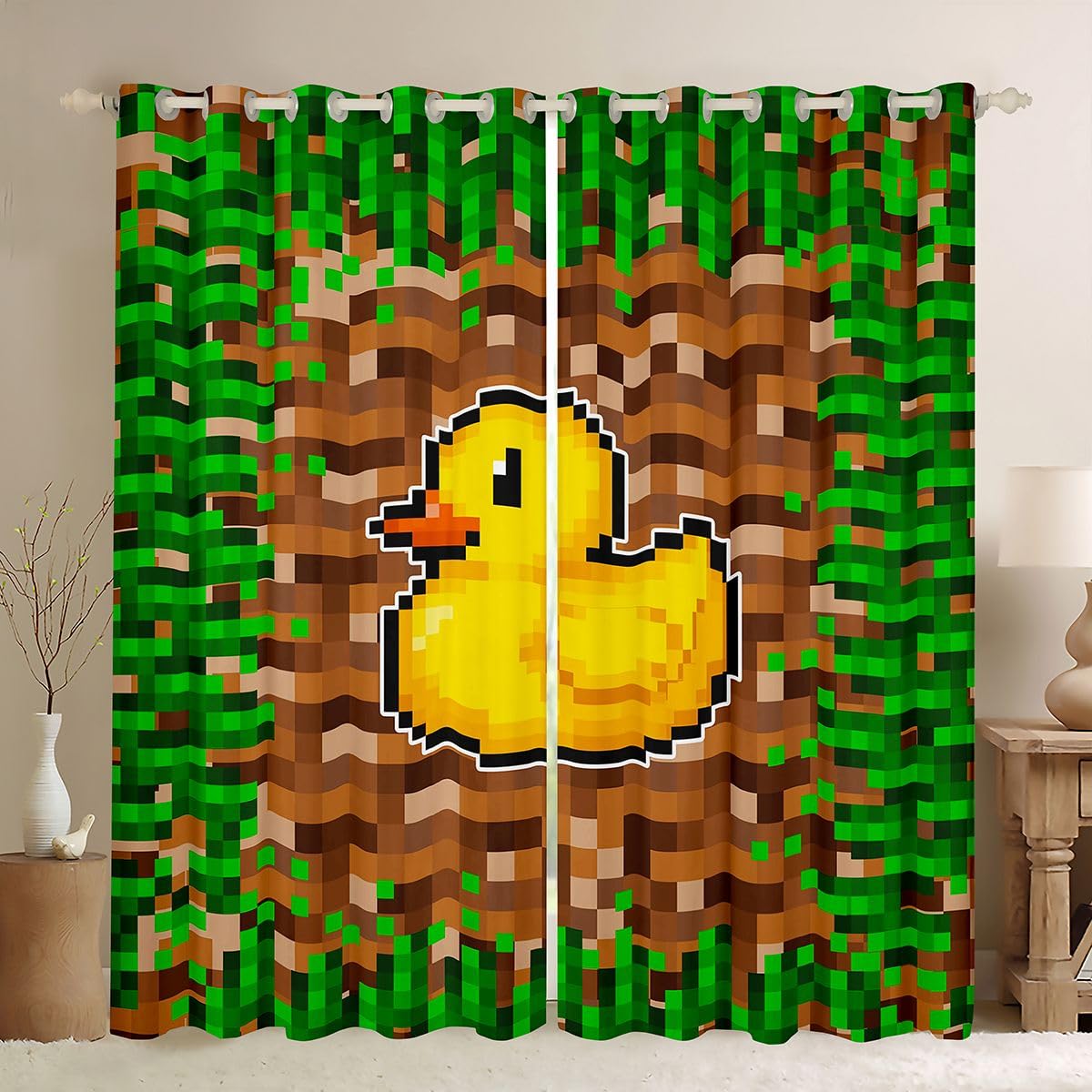 Homewish Zasłony zaciemniające z motywem żółtej kaczki, 132 x 229 cm, zabawny nadruk zwierzęcy, zasłony na przelotkach do salonu, sypialni, szykowna kostka pikseli, abstrakcyjne zaciemnienie, 2 panele