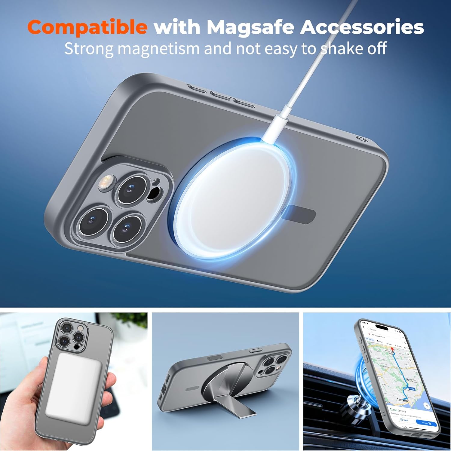 Magnetic for iPhone 16 Pro Case, Upgraded [Camera Control Button] [Full Camera Protection] [with 1 Screen Protector] Translucent Matte Shockproof Protective Phone Cover, Gray - Image 3