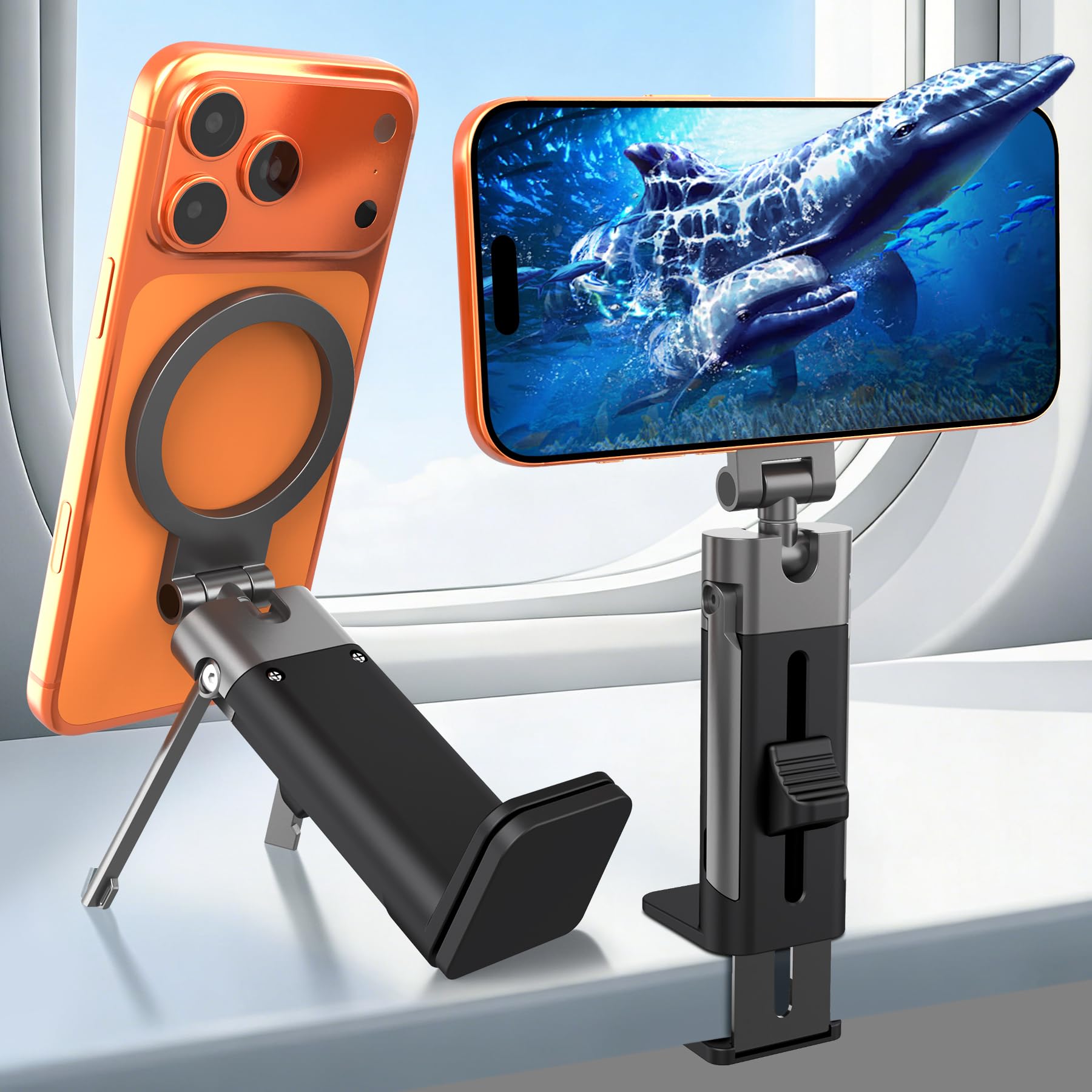 Soporte para teléfono de viaje, clip 2 en 1 y soporte de trípode, soporte magnético para teléfono para avión, escritorio, equipaje, compatible con iPhone 13-17 Series, teléfonos Android (anillo