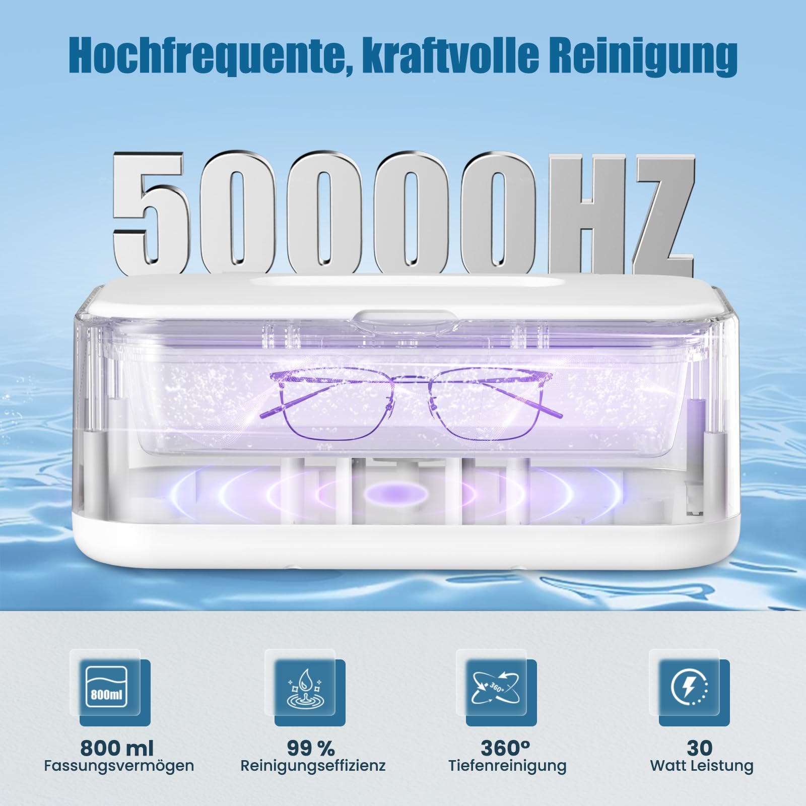 Ultraschallreinigungsgerät Brille, 49000Hz U-V Brillenreinigungsgerät | mit 5 Zeitfunktione, Digitalanzeige, 800ml Ultrasonic Cleaner, für Zahnersatz Brillen Schmuck Uhren Münzen