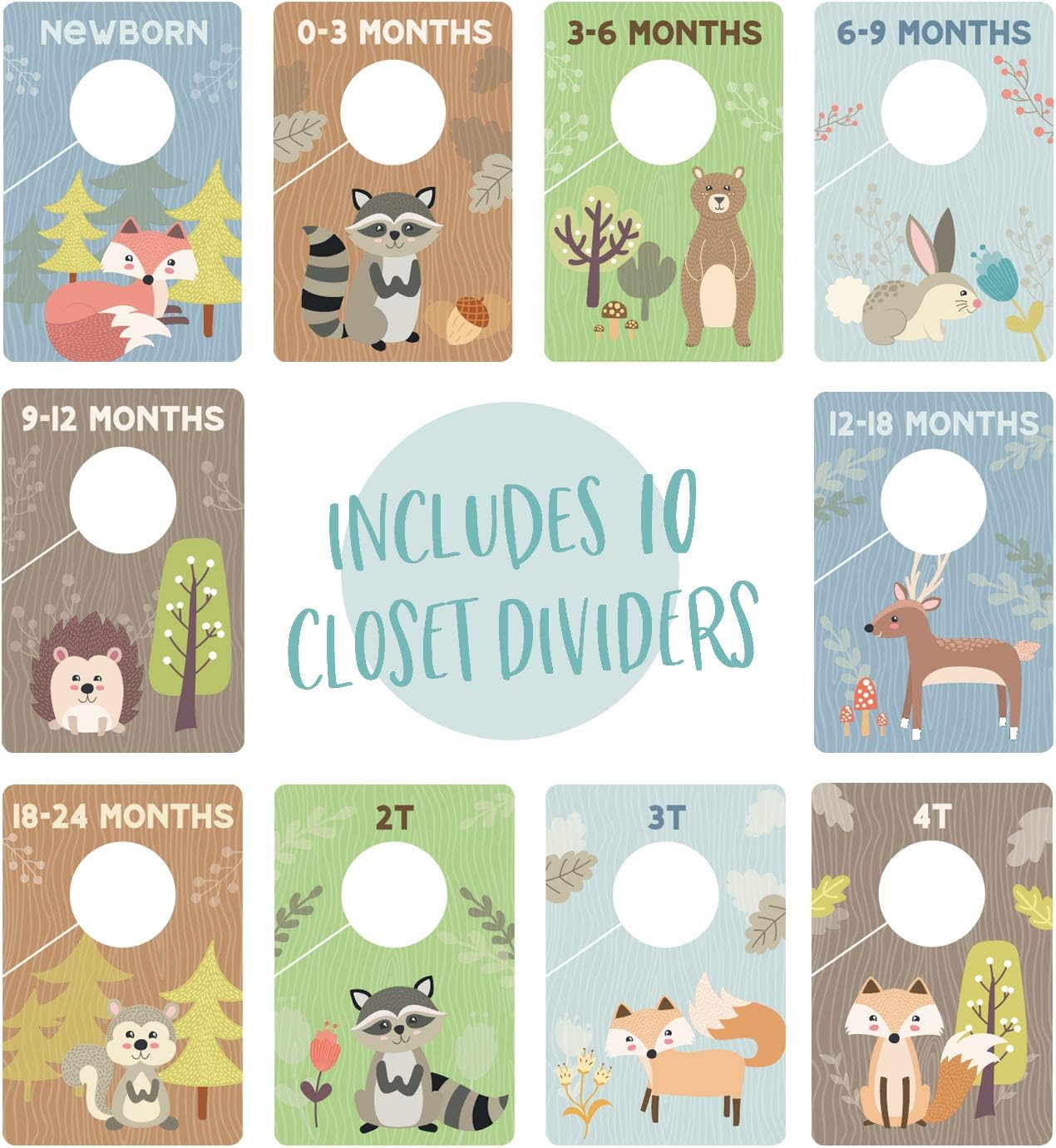 Canopy StreetWoodland Closet Clothing Size Dividers / 4" x 6" Closet Organizers For Newborn Baby To 4T Clothes / 10 Forest Animal Baby Closet Size Dividers